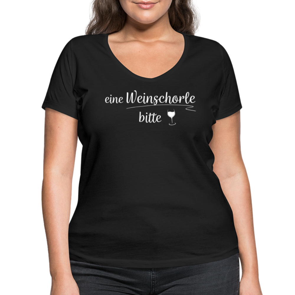 eine Weinschorle bitte - Frauen T-Shirt mit V-Ausschnitt aus 100% Bio-Baumwolle - Schwarz