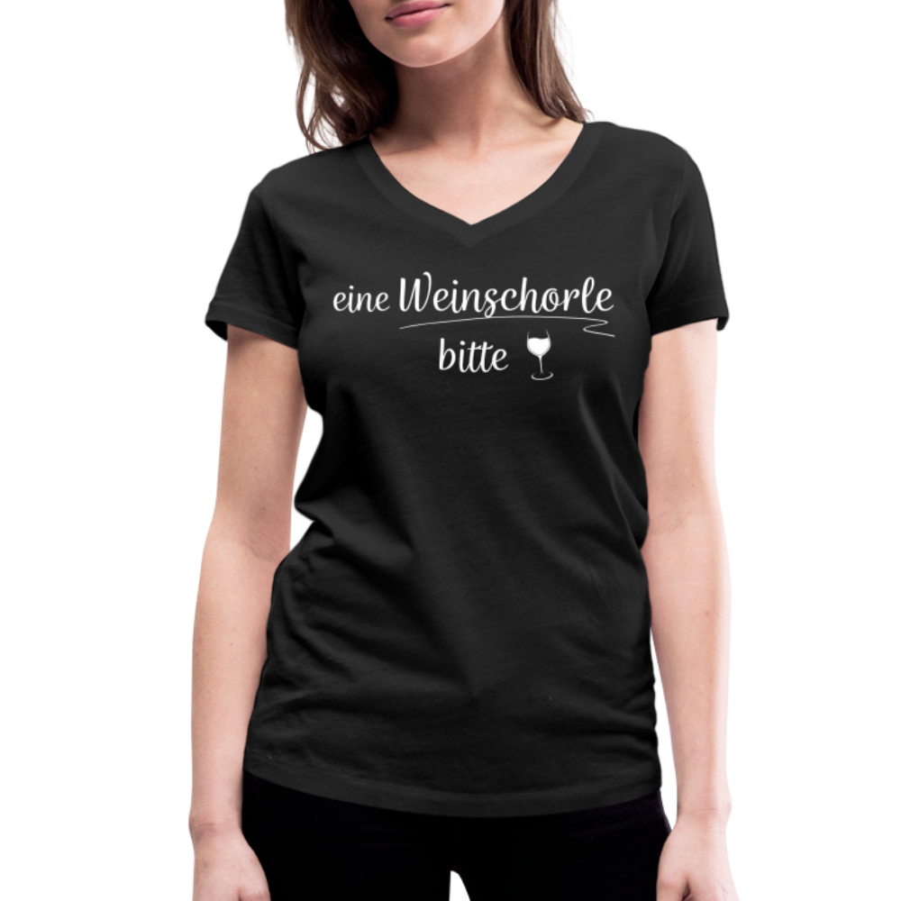 eine Weinschorle bitte - Frauen T-Shirt mit V-Ausschnitt aus 100% Bio-Baumwolle - Schwarz