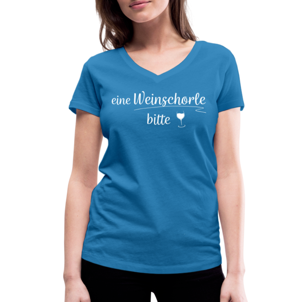 eine Weinschorle bitte - Frauen T-Shirt mit V-Ausschnitt aus 100% Bio-Baumwolle - Pfauenblau