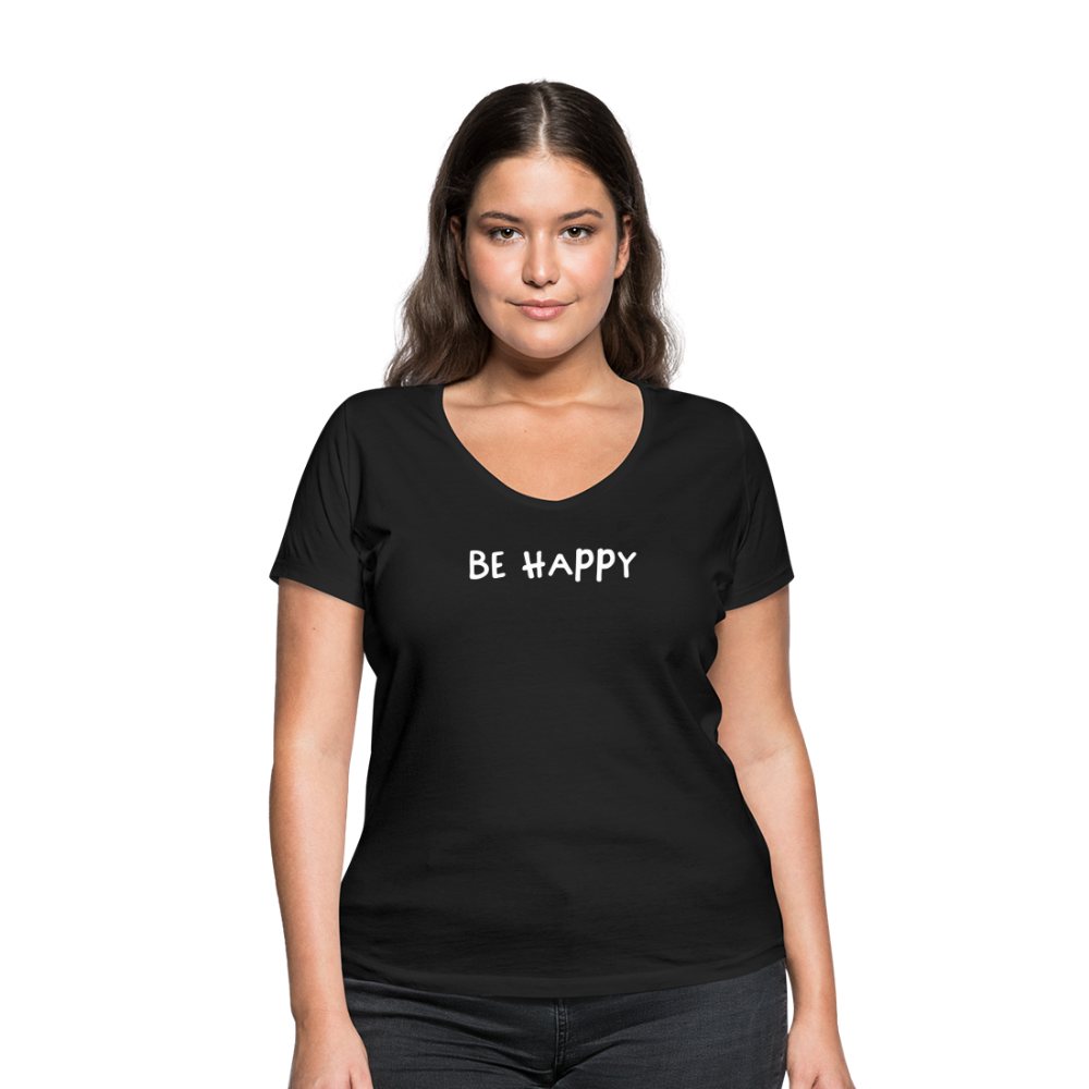 Be Happy - Frauen T-Shirt mit V-Ausschnitt aus 100% Bio-Baumwolle - Schwarz