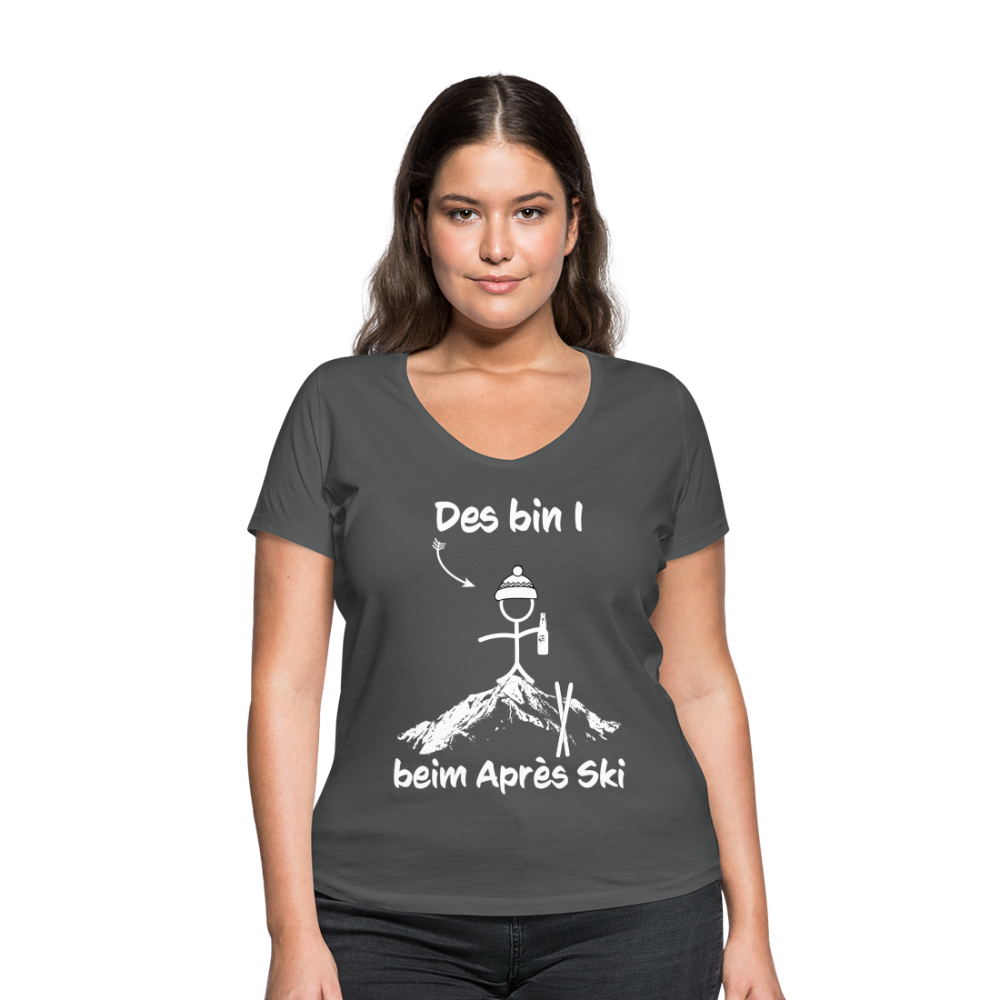 Des bin I beim Après Ski - Frauen T-Shirt mit V-Ausschnitt aus 100% Bio-Baumwolle - Anthrazit