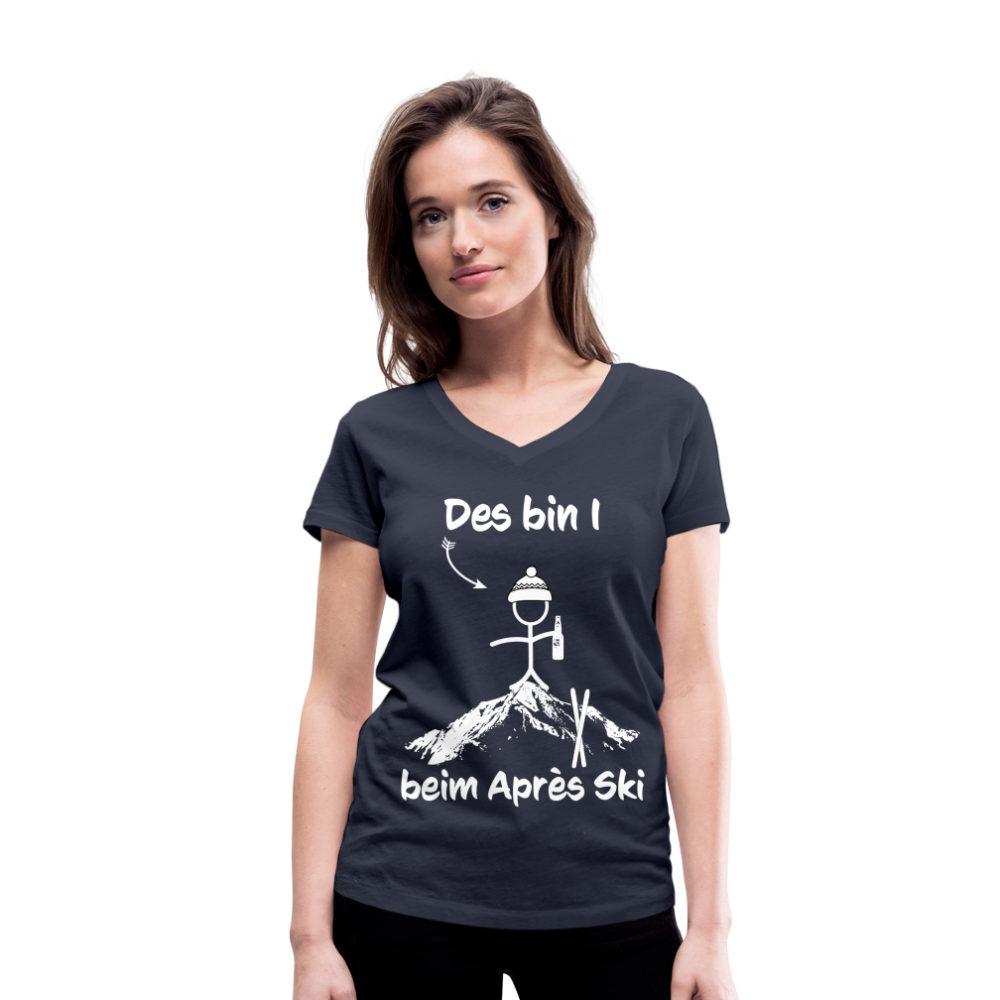Des bin I beim Après Ski - Frauen T-Shirt mit V-Ausschnitt aus 100% Bio-Baumwolle - Navy