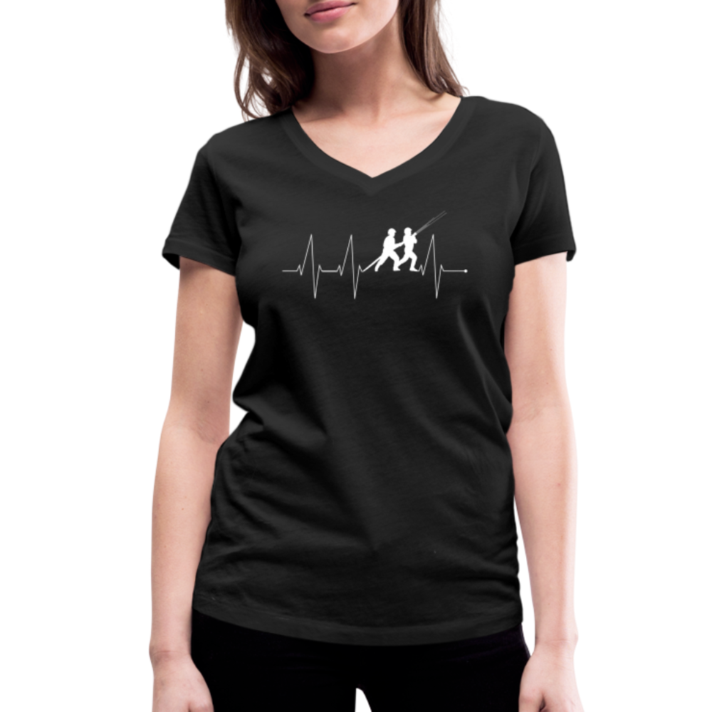 Herzschlag Feuerwehr - Frauen T-Shirt mit V-Ausschnitt aus 100% Bio-Baumwolle - Schwarz