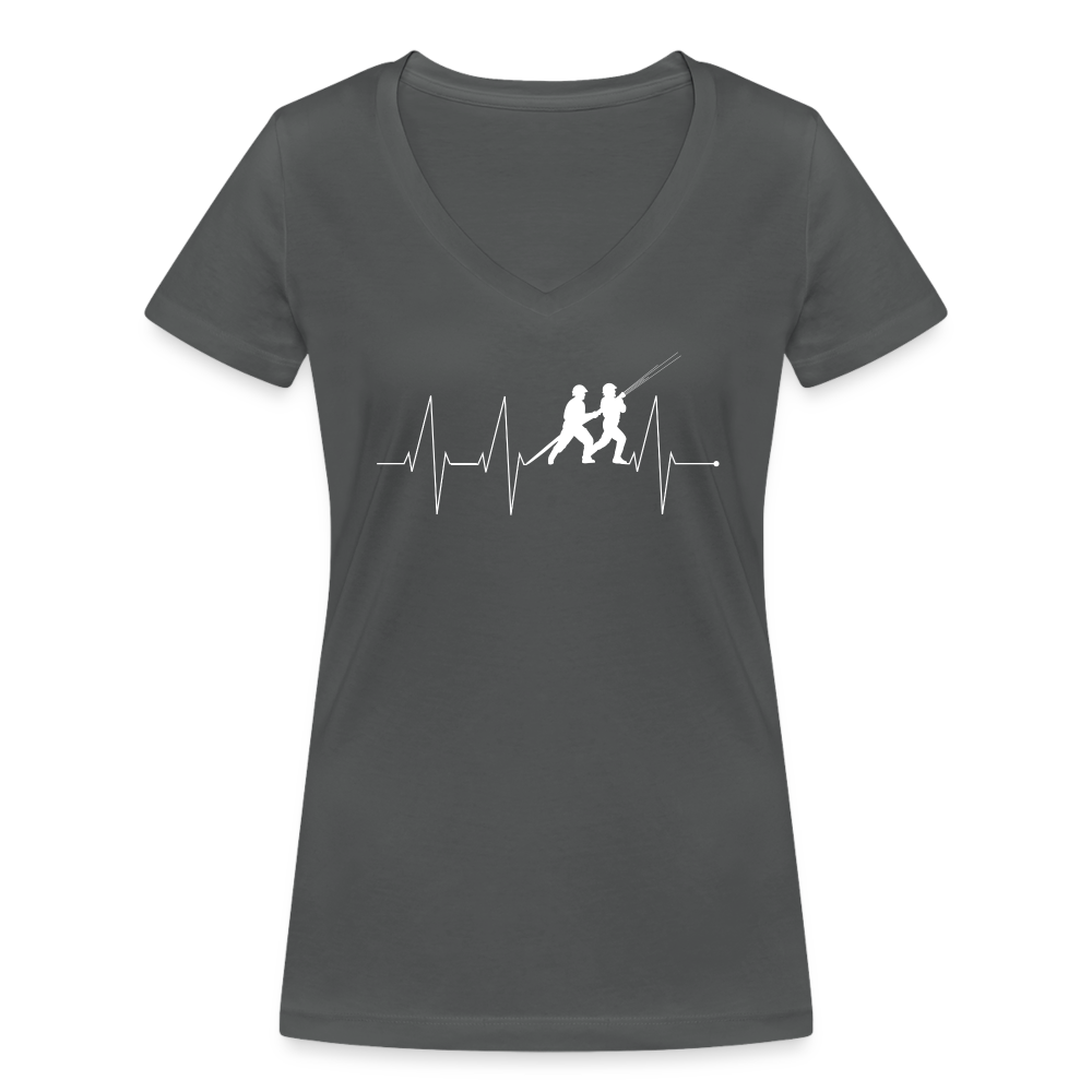 Herzschlag Feuerwehr - Frauen T-Shirt mit V-Ausschnitt aus 100% Bio-Baumwolle - Anthrazit