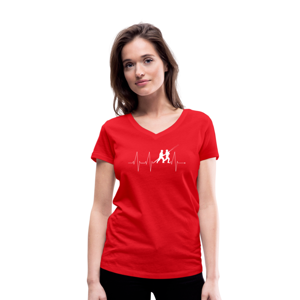 Herzschlag Feuerwehr - Frauen T-Shirt mit V-Ausschnitt aus 100% Bio-Baumwolle - Rot