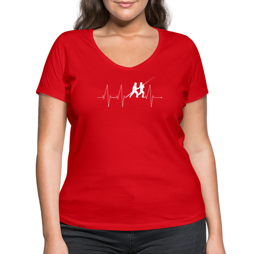 Herzschlag Feuerwehr - Frauen T-Shirt mit V-Ausschnitt aus 100% Bio-Baumwolle - Rot