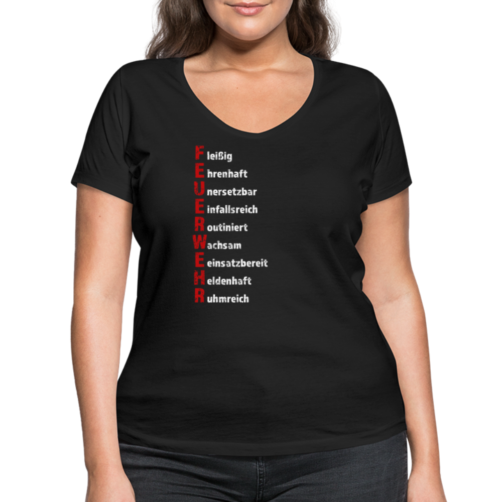 Feuerwehr Schriftzug - Frauen T-Shirt mit V-Ausschnitt aus 100% Bio-Baumwolle - Schwarz