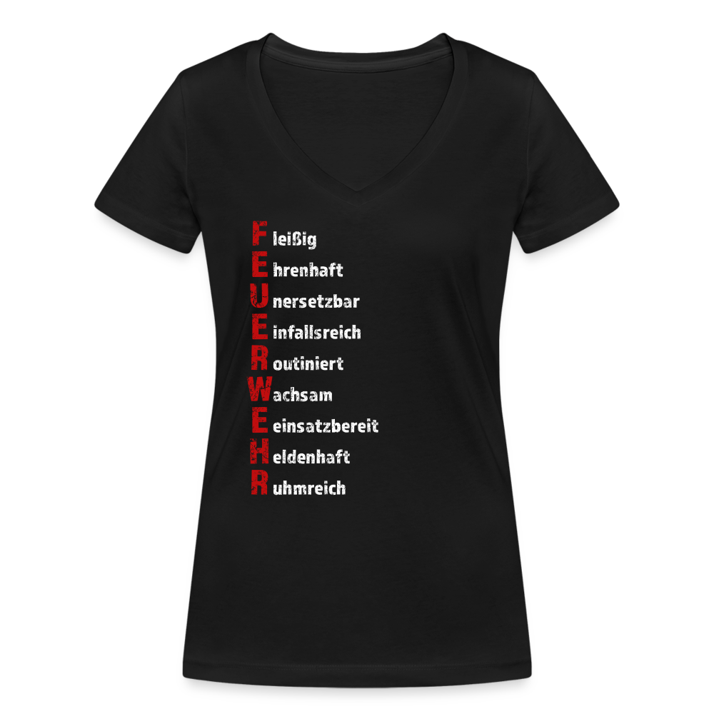 Feuerwehr Schriftzug - Frauen T-Shirt mit V-Ausschnitt aus 100% Bio-Baumwolle - Schwarz