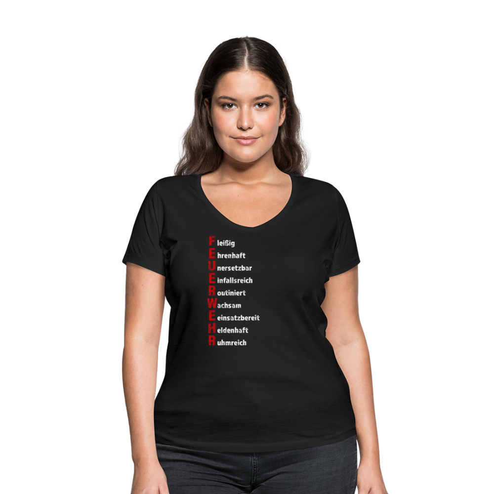 Feuerwehr Schriftzug - Frauen T-Shirt mit V-Ausschnitt aus 100% Bio-Baumwolle - Schwarz