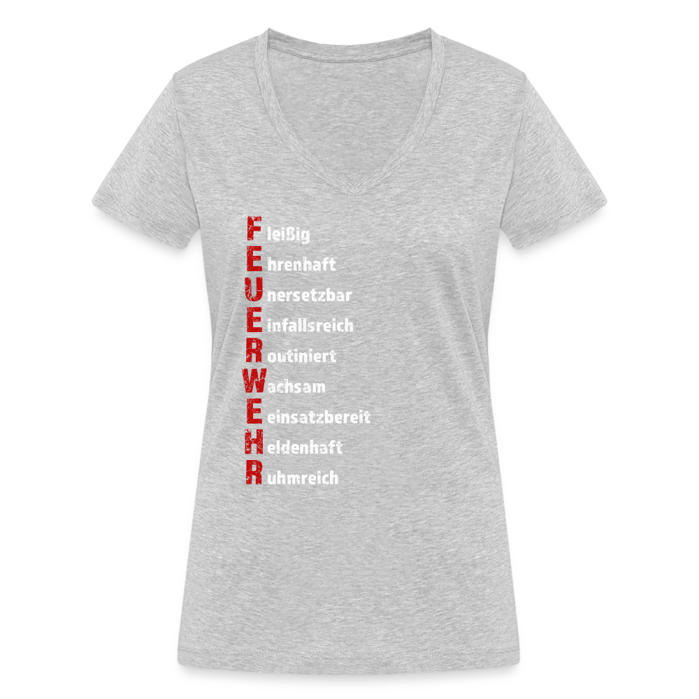 Feuerwehr Schriftzug - Frauen T-Shirt mit V-Ausschnitt aus 100% Bio-Baumwolle - Grau meliert