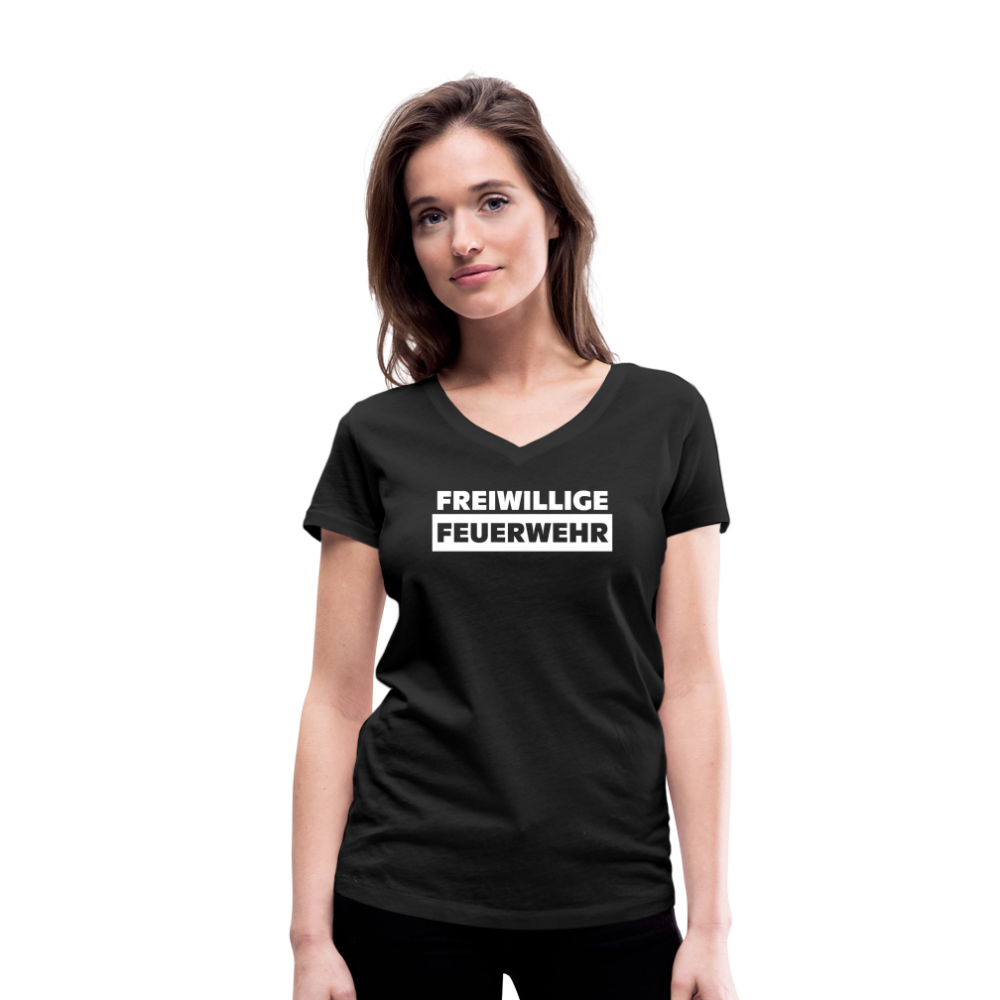 Freiwillige Feuerwehr - Frauen T-Shirt mit V-Ausschnitt aus 100% Bio-Baumwolle - Schwarz