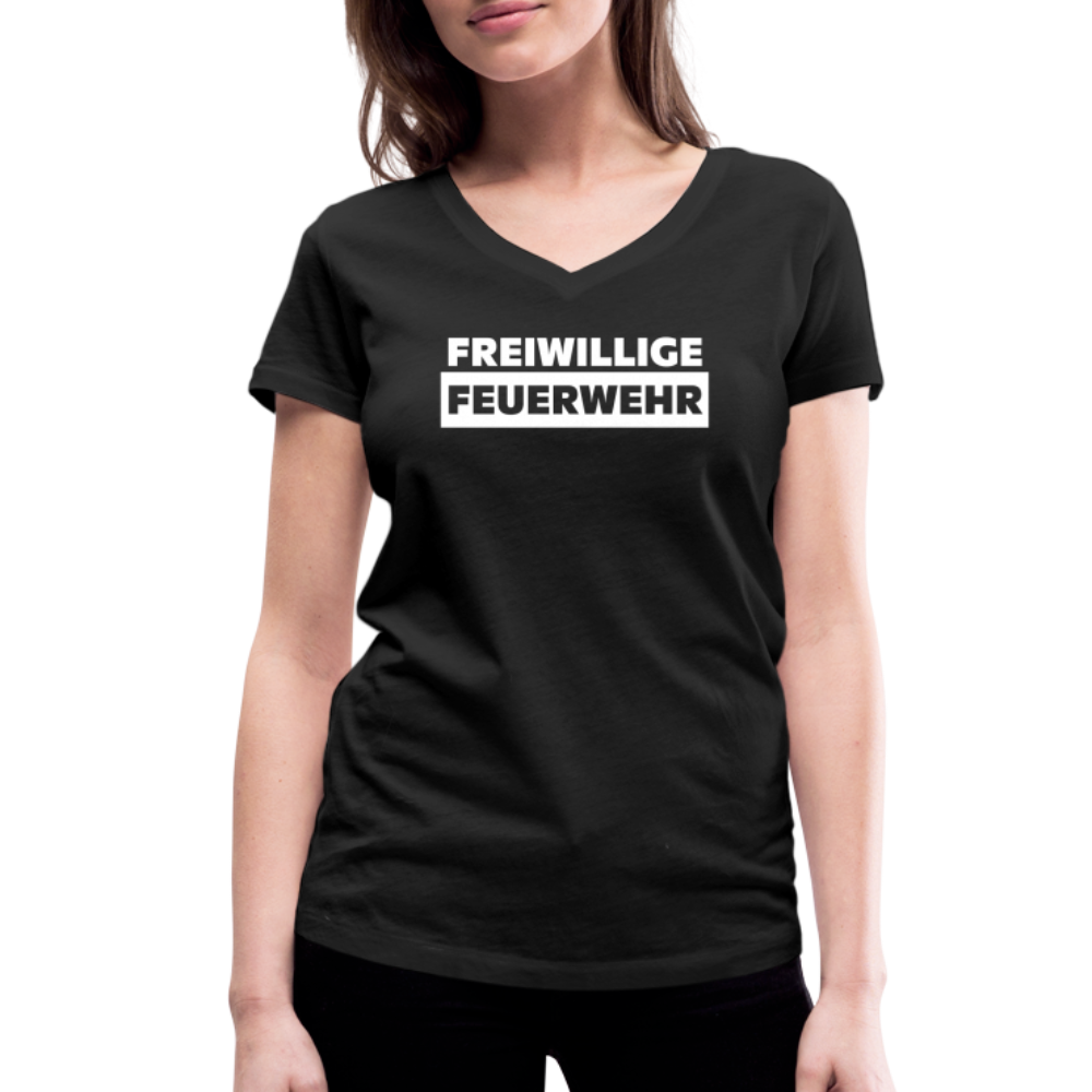 Freiwillige Feuerwehr - Frauen T-Shirt mit V-Ausschnitt aus 100% Bio-Baumwolle - Schwarz