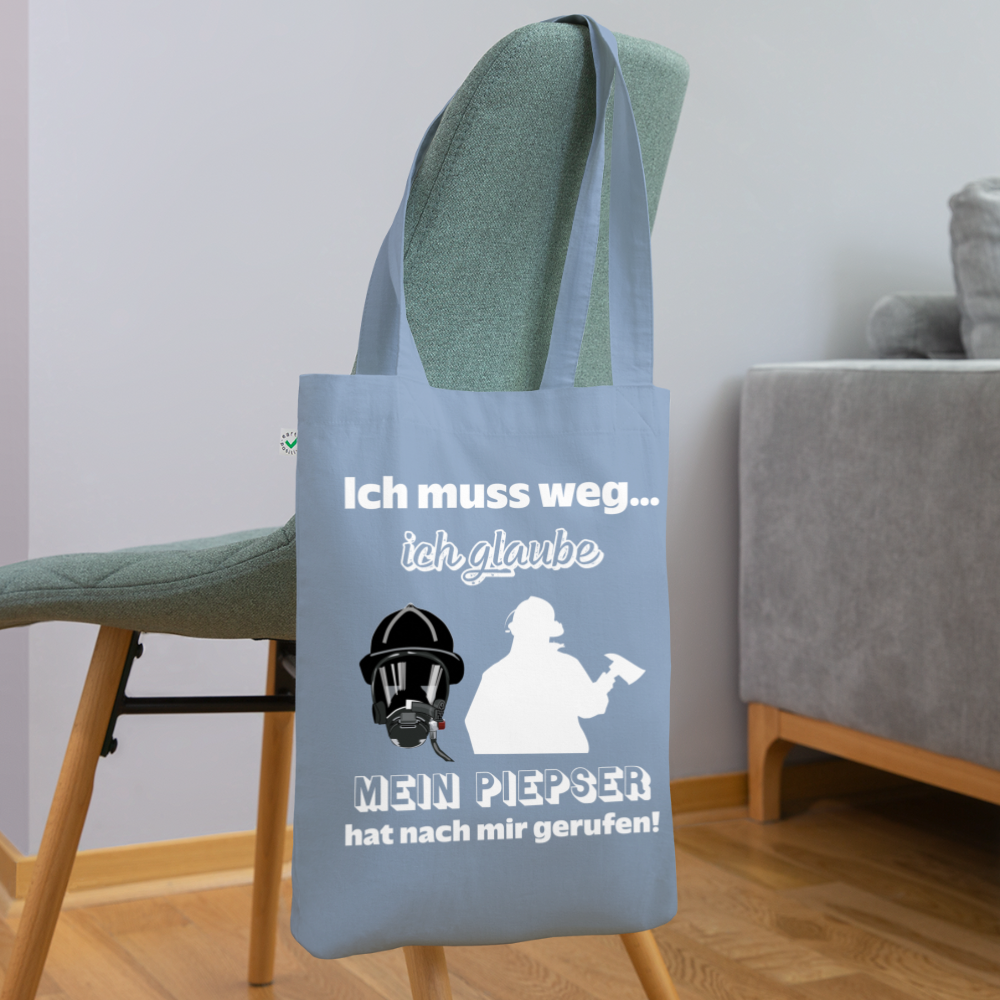 Ich muss weg... Ich glaube mein Piepser hat nach mir gerufen! - Stoffbeutel aus 100% Bio-Baumwolle - Blaugrau