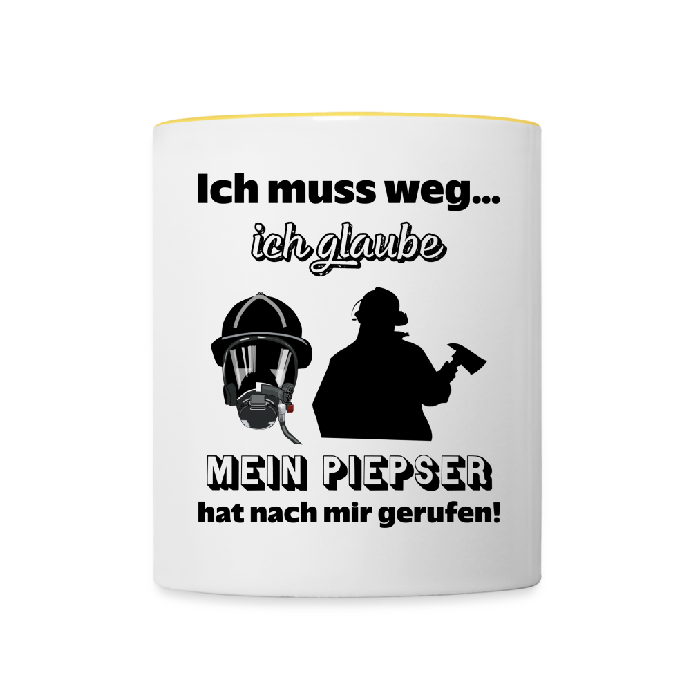 Ich muss weg... Ich glaube mein Piepser hat nach mir gerufen! - Tasse zweifarbig 325 ml - Weiß/Gelb