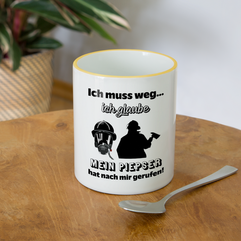 Ich muss weg... Ich glaube mein Piepser hat nach mir gerufen! - Tasse zweifarbig 325 ml - Weiß/Gelb