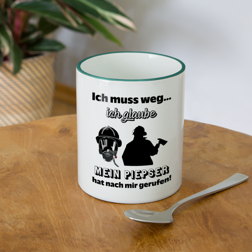 Ich muss weg... Ich glaube mein Piepser hat nach mir gerufen! - Tasse zweifarbig 325 ml - Weiß/Dunkelgrün