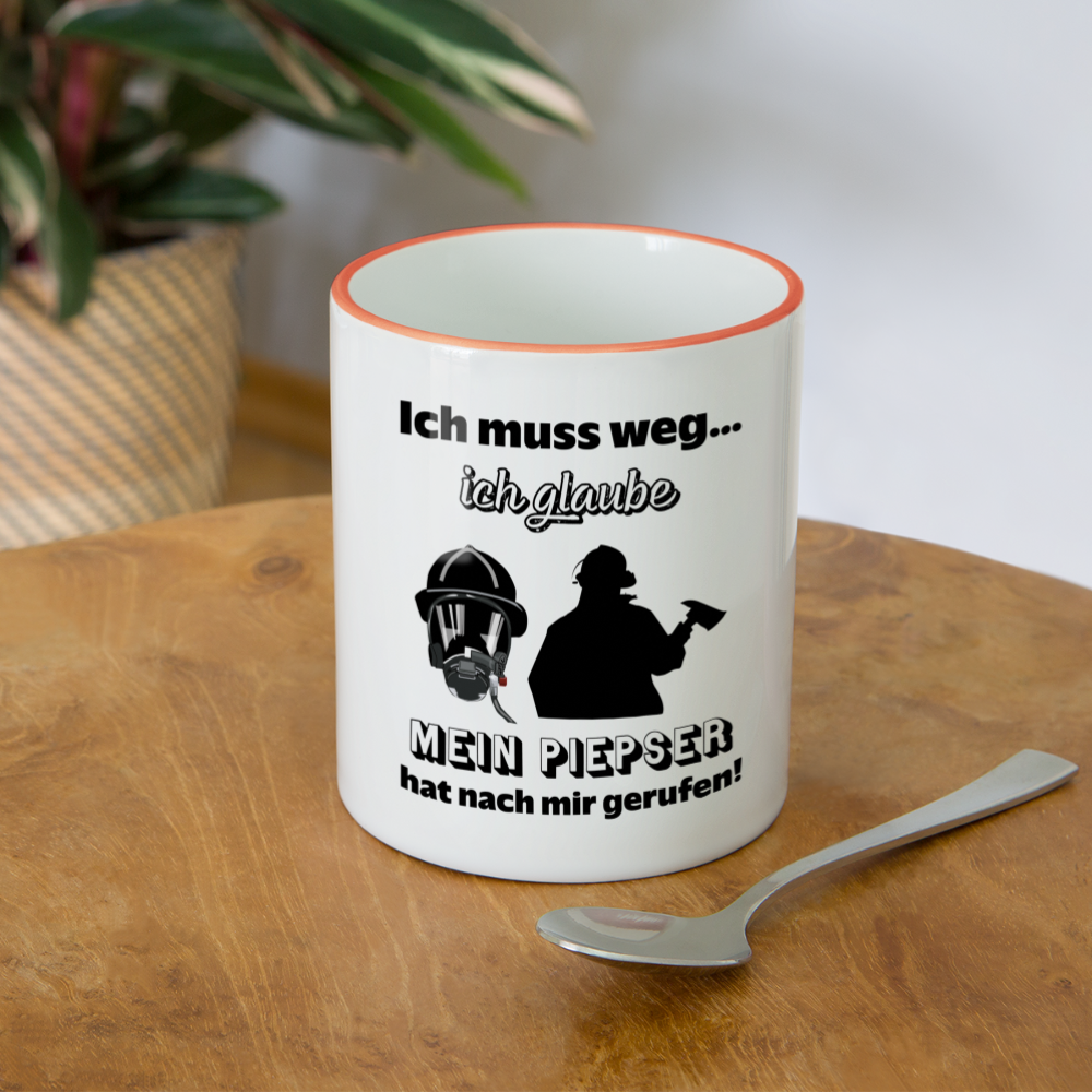 Ich muss weg... Ich glaube mein Piepser hat nach mir gerufen! - Tasse zweifarbig 325 ml - Weiß/Orange