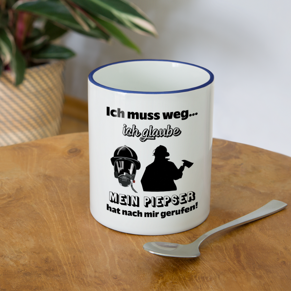 Ich muss weg... Ich glaube mein Piepser hat nach mir gerufen! - Tasse zweifarbig 325 ml - Weiß/Kobaltblau
