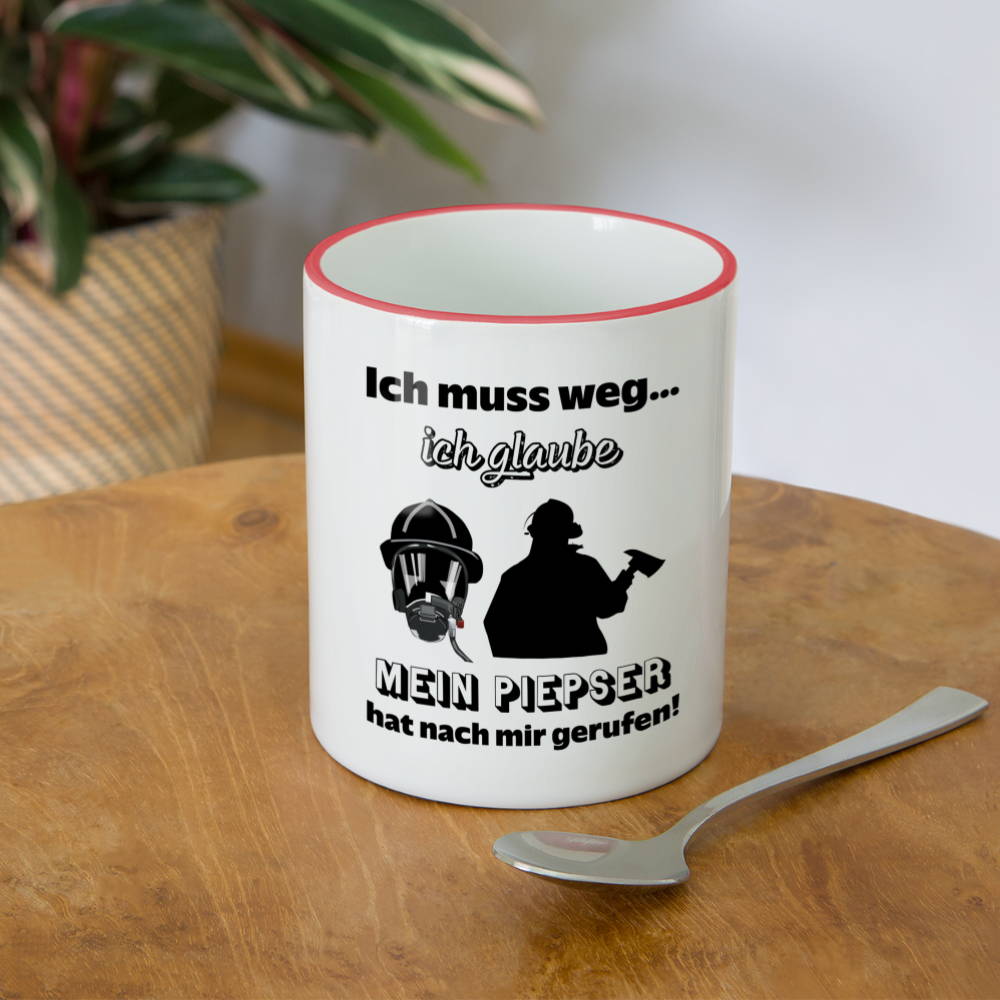 Ich muss weg... Ich glaube mein Piepser hat nach mir gerufen! - Tasse zweifarbig 325 ml - Weiß/Rot